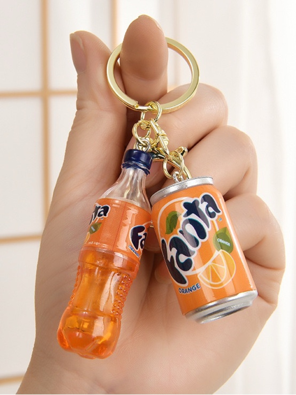 Mini Orange Soda Can & Bottle Keychain – Cute Soft Drink Charm Key Ring
